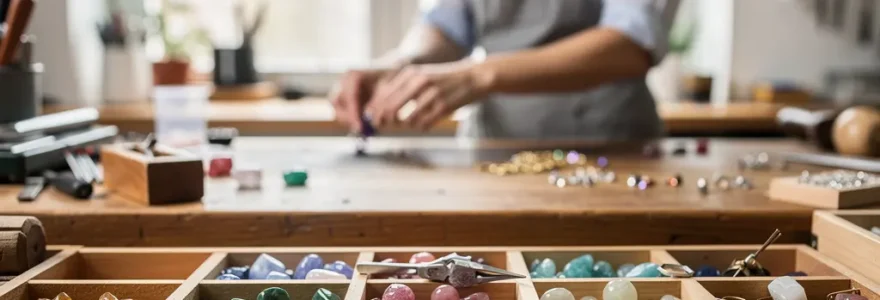 Atelier lumineux de créatrice bijoux avec tiroirs de pierres semi-précieuses colorées
